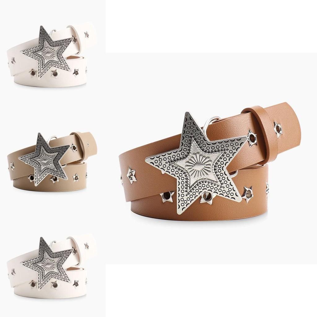Fashion Womens Leather Belt With Star Pattern And Metal Buckle For Casual And Office Wear
