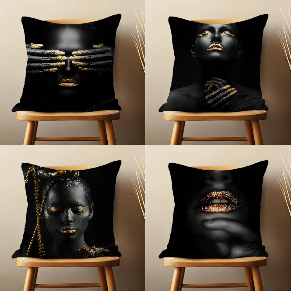 Black Skin Golden Makeup Throw Pillow Case For 45*45cm,55*55cm,30*30cm For Home Bedroom Decoration And Protector