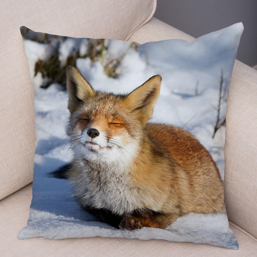 Cute Wild Fox Printed Pillow Case Decor Lovely Animal Pillowcase 45*45cm Soft Short Plush Cushion Covers for Sofa Home Car