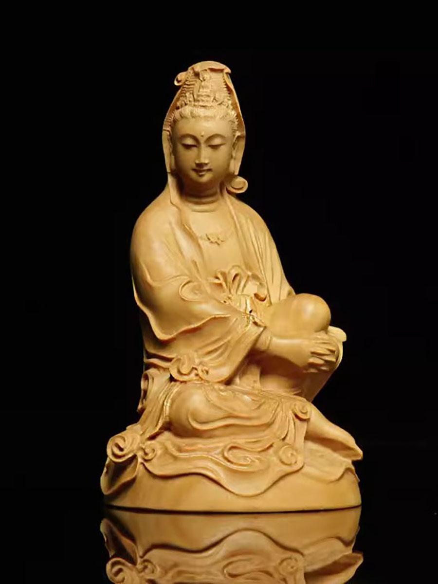 

Резьба по дереву Хуанъян, украшения для автомобилей, предметы домашнего декора, подарки, резьба по дереву, статуи Будды, Бодхисаттва Гуаньинь светло-серый