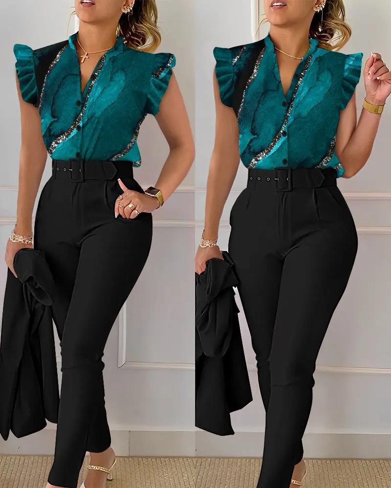 Floral Lotus Leaf Sleeve Top Solid Pants Set Women Casual 2 Piece Outfit with Belt