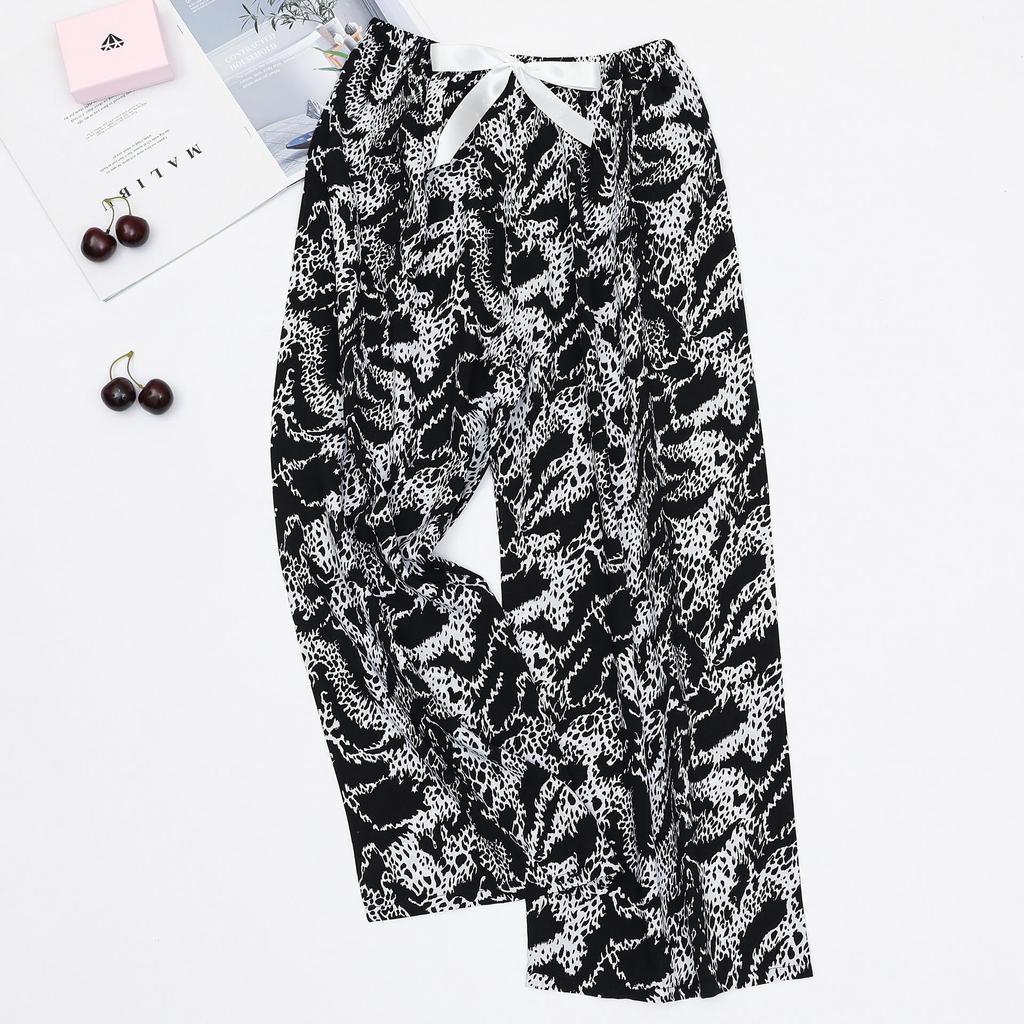Women's Cotton-Silk Cartoon Pajama Pants, Summer Thin, Black & White Wide-Leg, Plus Size, Outdoor Beach Wear.