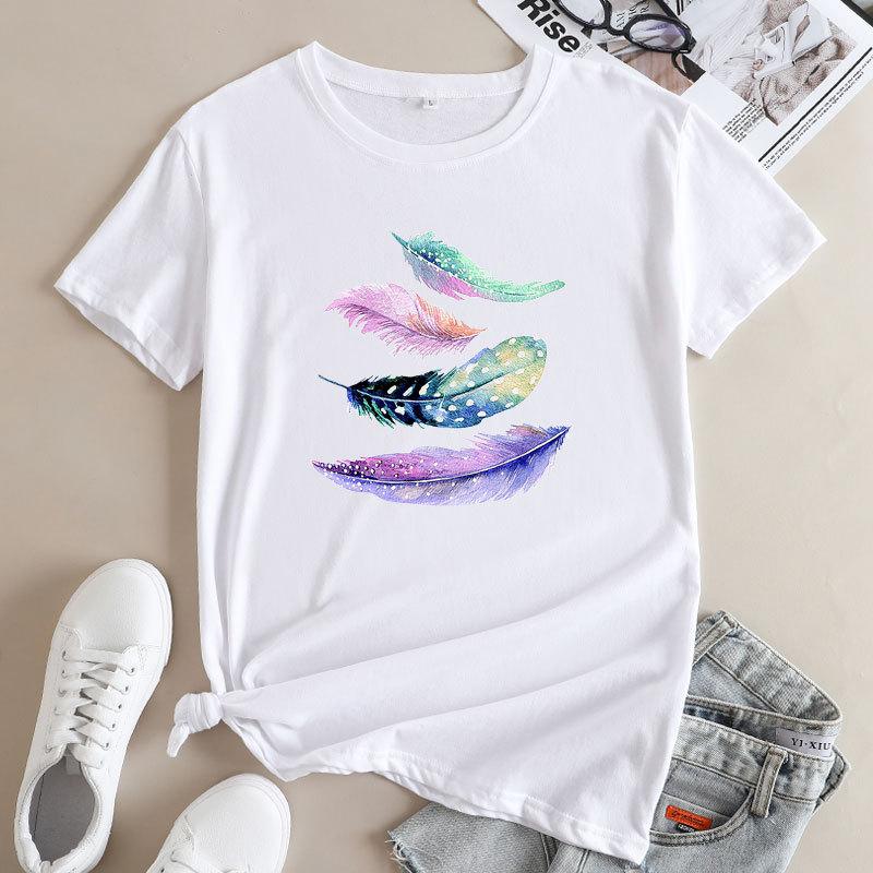 Summer Round Neck Colorful Feather Print Top Fashionable Casual Cute Short Sleeved Women's Pure Cotton T-shirts