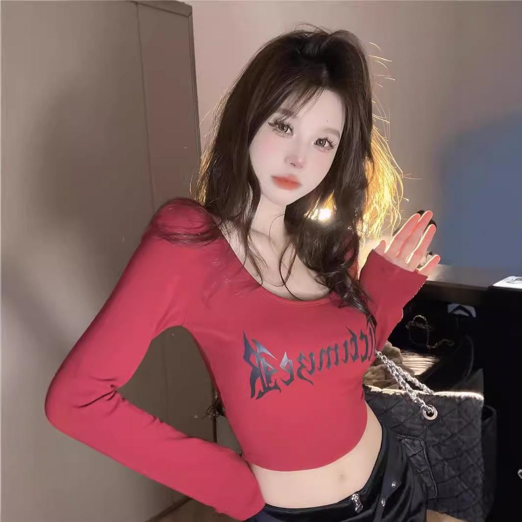 Printed shoulder big U-neck low-cut long-sleeved T-shirt female slim slim slim sweet Spice girl short navel tight niche top