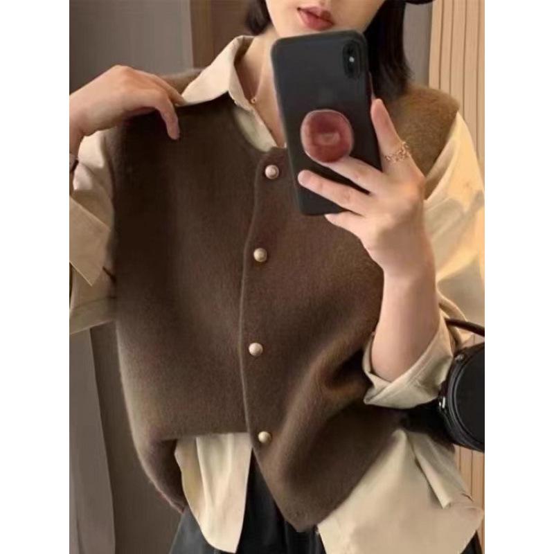 YS Women's Korean Style Slim Fit Layered Sweater Vest - Autumn/Winter Round Neck with Gold Buttons
