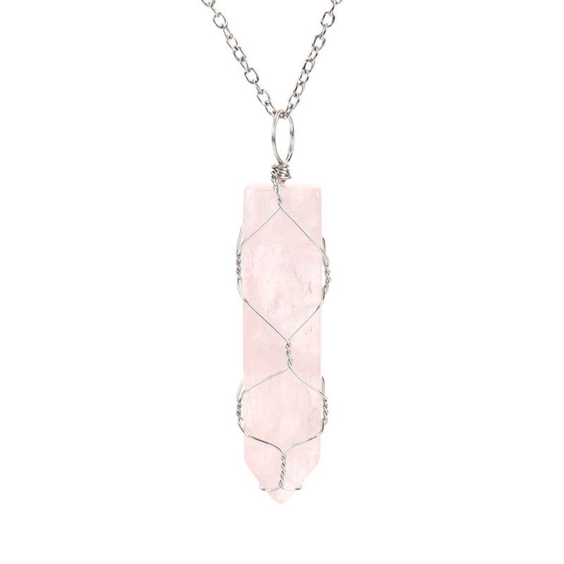 Handmade Sword-Shaped Amethyst Agate Crystal Mesh Bag Pendant Necklace