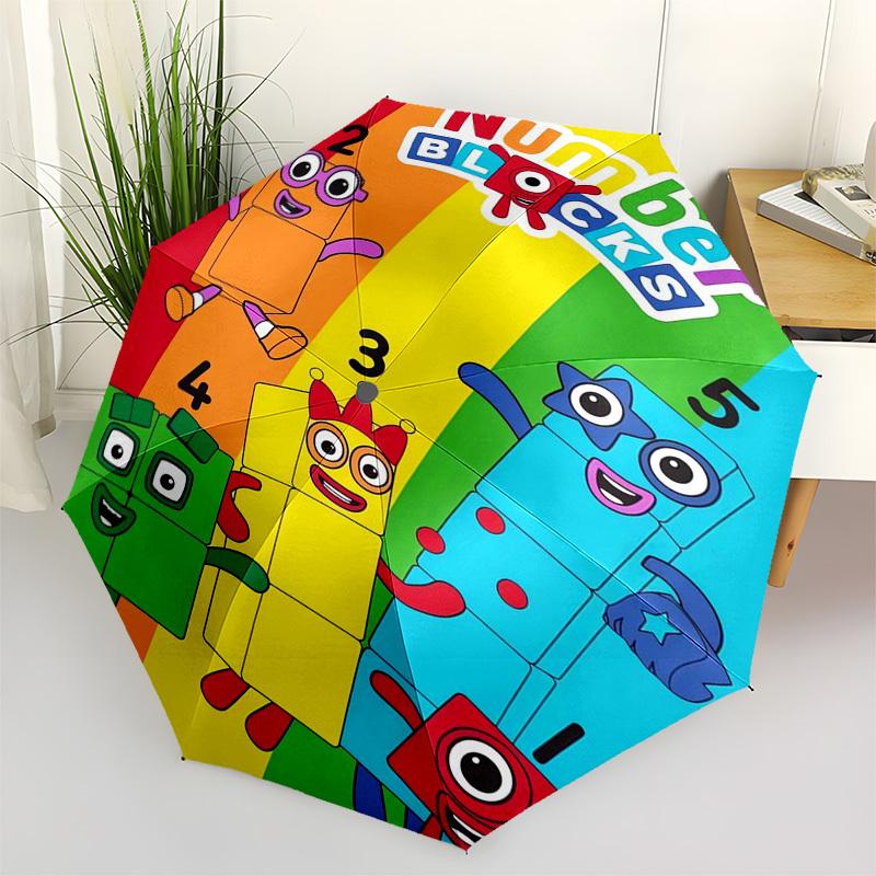 Number Blocks, Rainbow Themed Automatic Opening and Closing Umbrella, Compact Travel Umbrella, Lightweight and Portable, Suitable for Beach