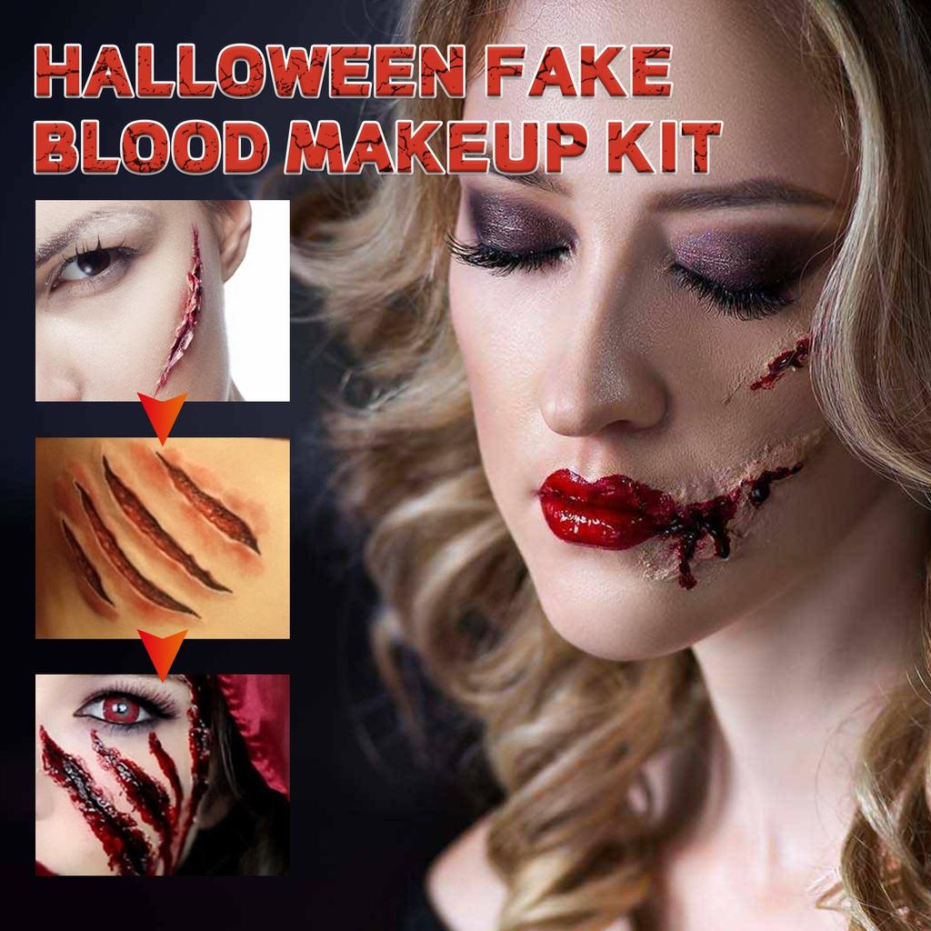 3PCS Fake Blood Makeup Kit-Coagulated Blood 30ml+Fake Blood Spray 50ml+Dripping Blood 50ml, Realistic Washable Special Effects SFX Makeup Set