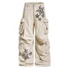 Unisex Cargo Wide-Leg Pants With Leopard Patch Embroidery Cotton Utility Trousers Loose Fit Streetwear