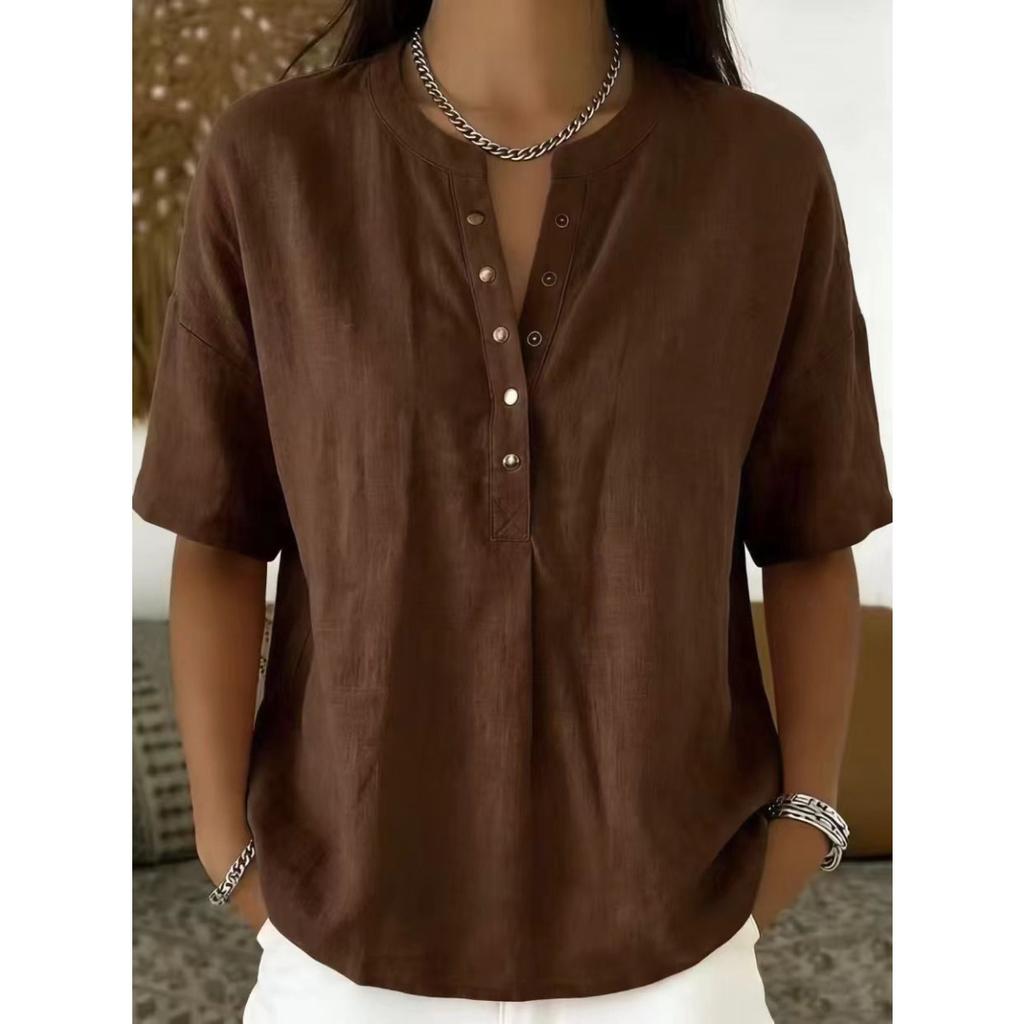 Women's Linen Blend Henley Neck Short Sleeve Casual Shirt