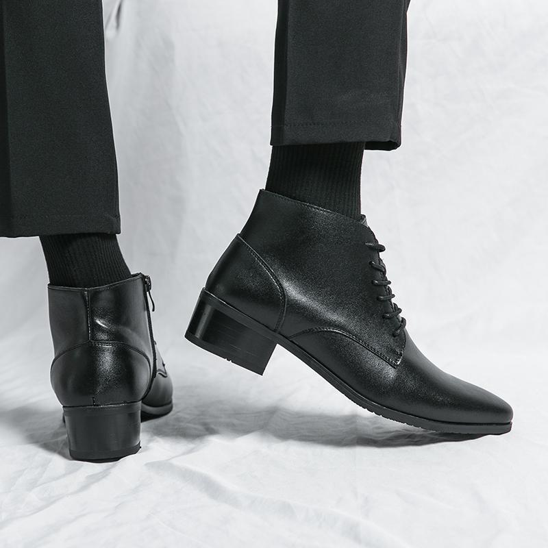 Fashion Pointed Toe Men Shoe New Male High Heels Ankle Boots Genuine Leather Men Casual Pointed Toe Shoes Side Zipper Men  Boots