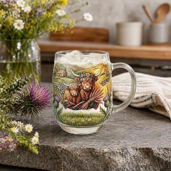 350ML Hand-painted Highland Cow Glass, Highland Cattle Coffee Mug with Handle, Heat-Resistant Tea Milk Water Drinking Cup