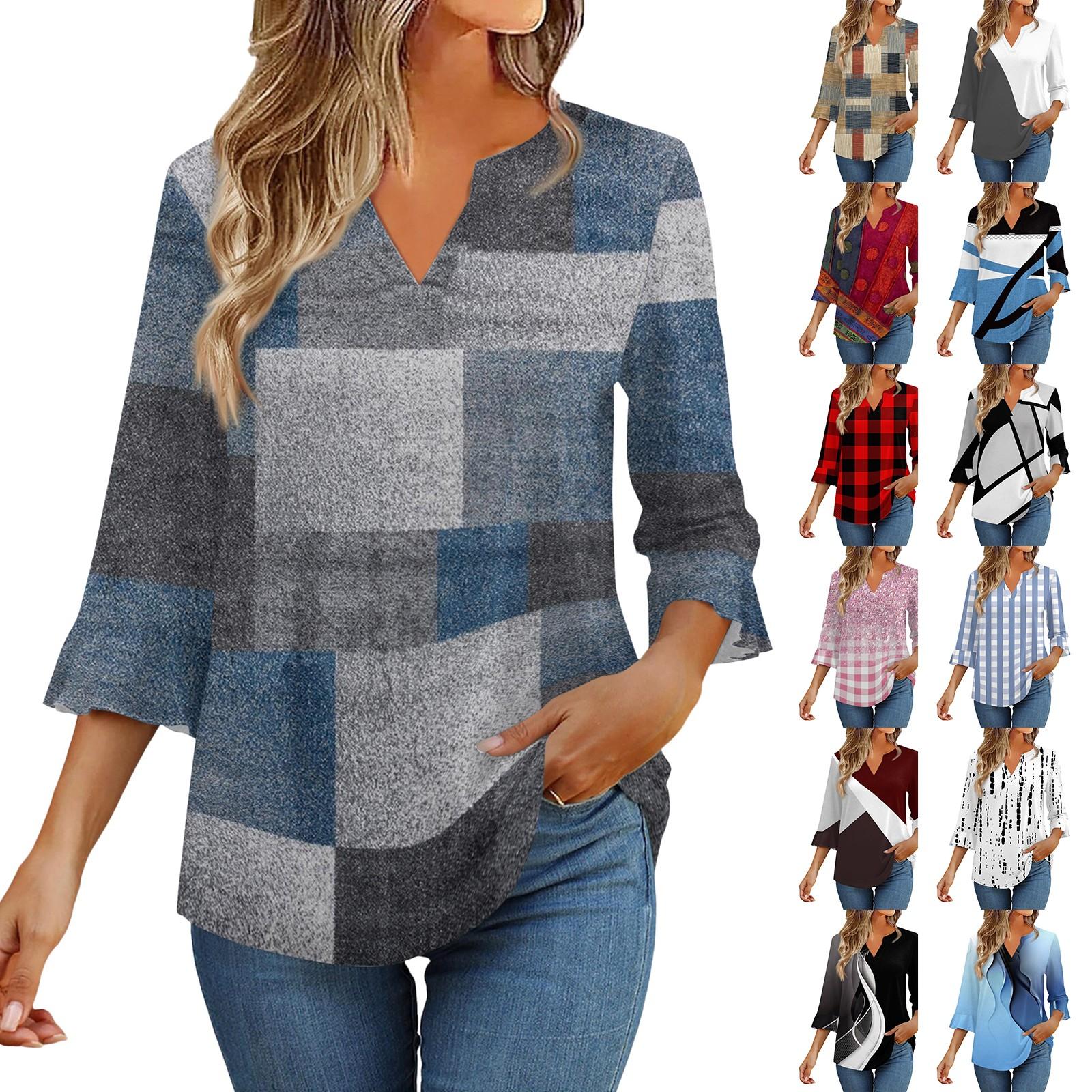 

3/4 Sleeve Tops For Women T-Shirt Casual Flared Sleeves Print Tunic V Neck Pullover Blouse XXL чорний