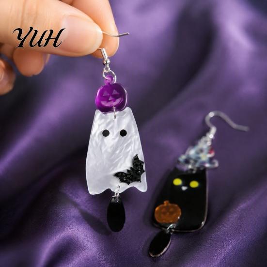 Unique Niche Gifts for Friends 1 Pair Acrylic Halloween Earrings, Black White Ghost Drop Dangle Earrings with Lightweight Daily Wear Ear Hooks