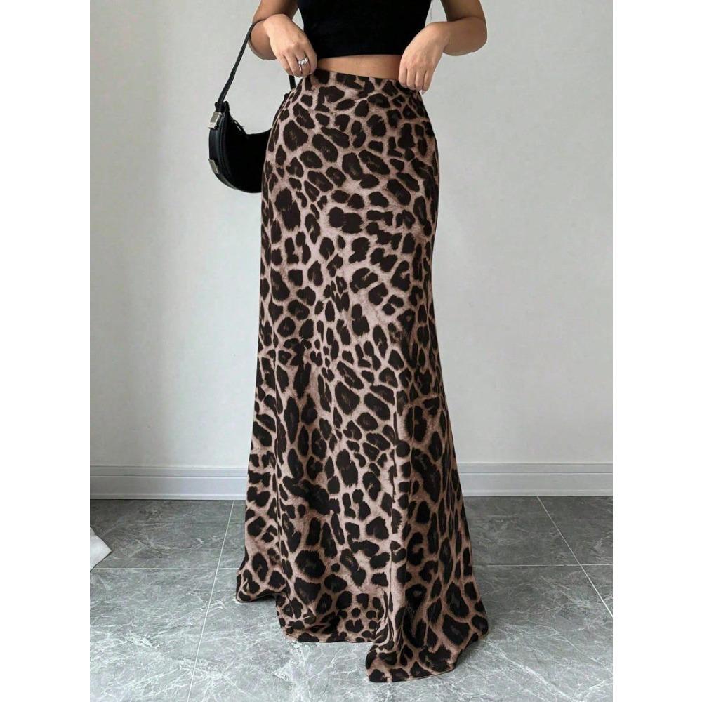 Women's Leopard Print High-Waisted Mermaid Hem Maxi Skirt Daily Wear High-Waisted Leopard Skirt Women's Casual