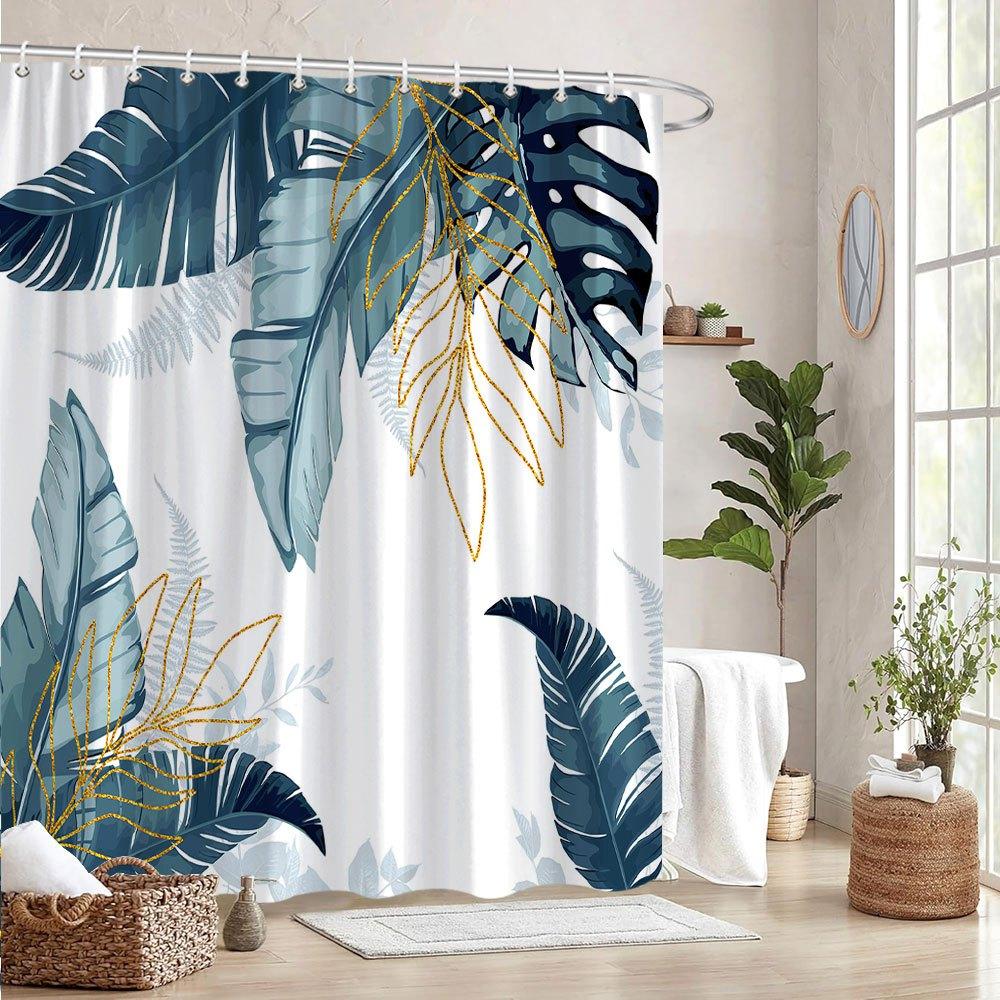 Tropical Blue Leaf Shower Curtain - Banana & Monstera Leaves, Golden-Yellow Stems, Lush Greenery, Vibrant Abstract Design