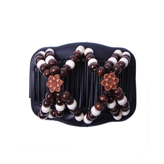 Women Vintage Wooden Beads Magic Hair Comb Hairpin Clip Double Slide Headwear