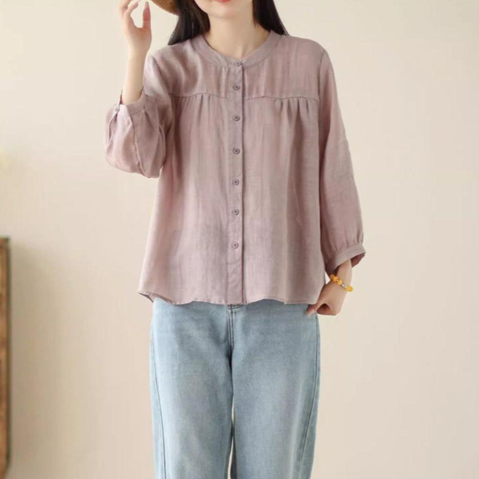 Summer Cotton Linen Casual Women's Blouse - Lightweight, Loose, and Slimming Seven-Sleeve Sunscreen Top