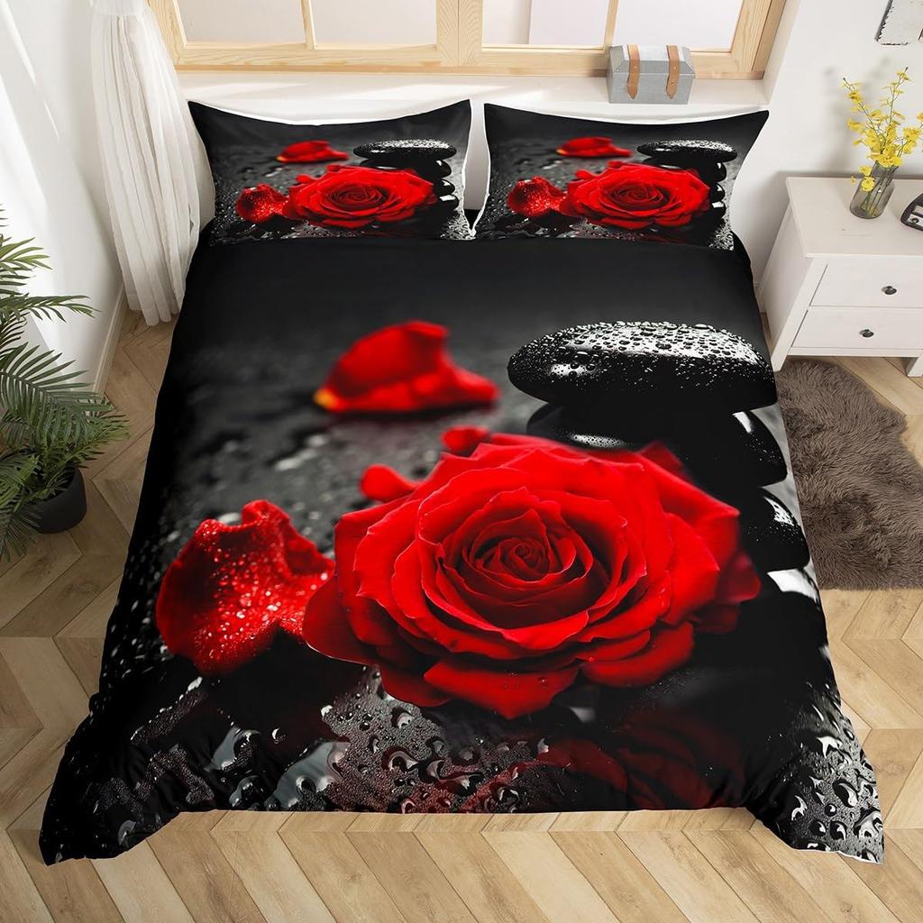 Rose Floral Duvet Cover Queen Twin for Women Girls Couple 3D Red Rose Wine Glass Bedding Set Luxury Botanical Comforter Cover