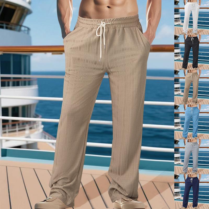 Men's Breathable Imitation Hemp Small Square Beach Trousers Loose Casual Sports Straight Leg Pants