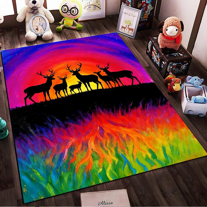 Colorful Deer Silhouette Carpet with Vibrant Rainbow Sunset Design Suitable for Use As an Anti-slip for Living Room Bedroom Sofas