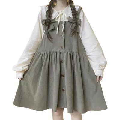 LAVASEON Overall Skirt Sweet Long Sleeve Lace and Pleated Mori Girl Perfect for Korean and School Festivals Women's 2-Piece Set, Mass-Produced Dress,