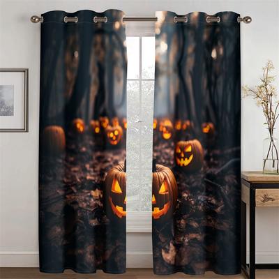 Horror Pumpkin Lantern Curtains Christmas Exclusive for Living Room Bedroom Decor Kitchen Balcony 2 Panels Eerie Atmosphere