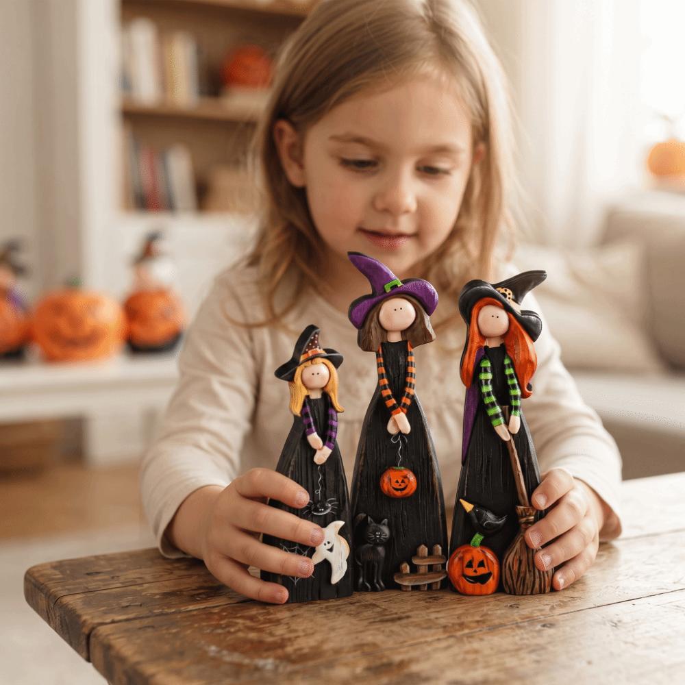 2D Design Halloween Witch Figurine Wooden Material Halloween Witch Ornament Holiday Decoration