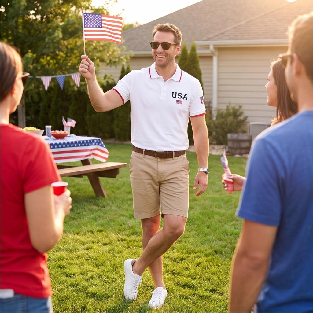 Men's Short Sleeve Polo Shirt Button Down Collar Classic Fit Casual Polo Shirt with Embroidered USA and Flag Patch