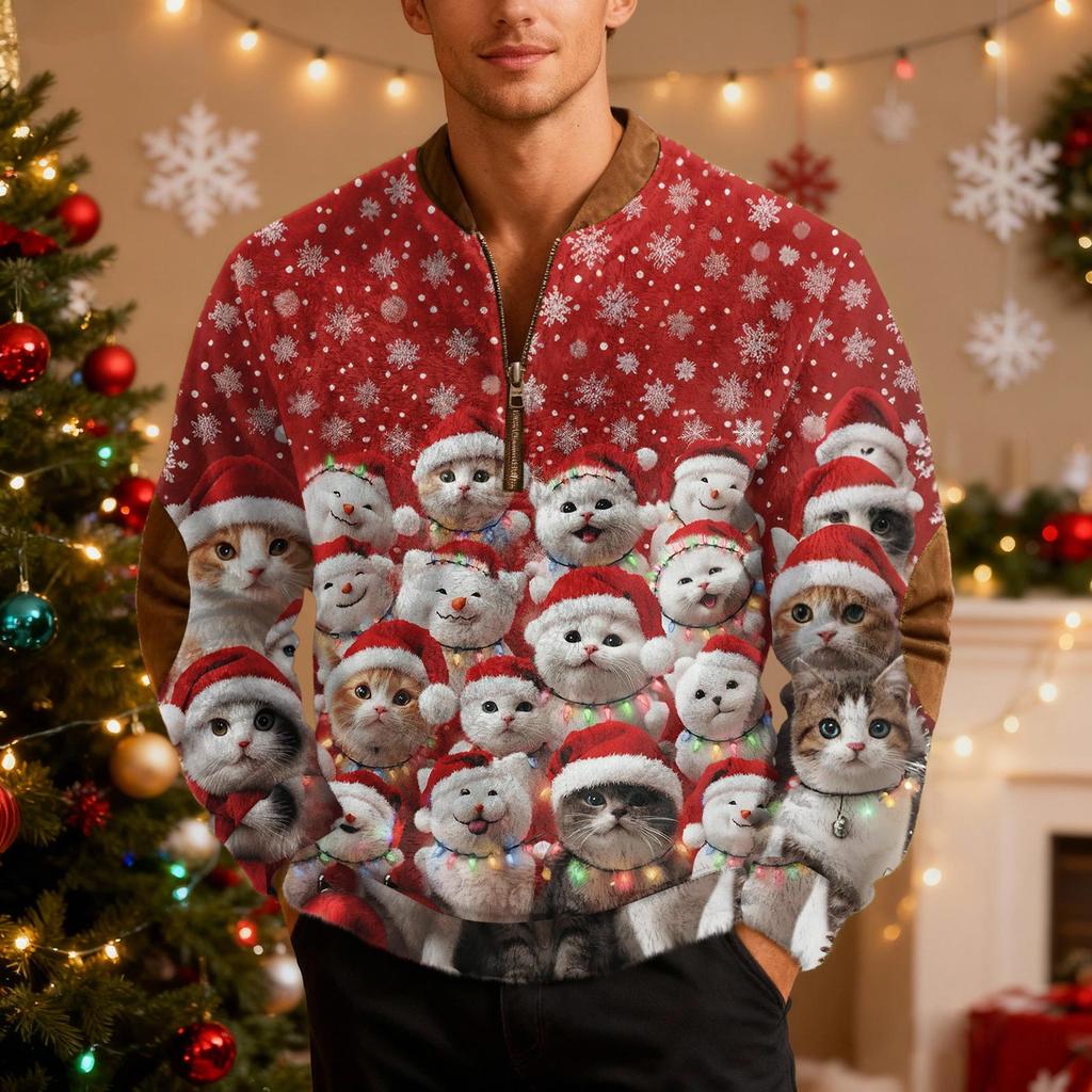 Mens Christmas Zip Up Sweatshirts Xmas Stand Collar Pullover Tops