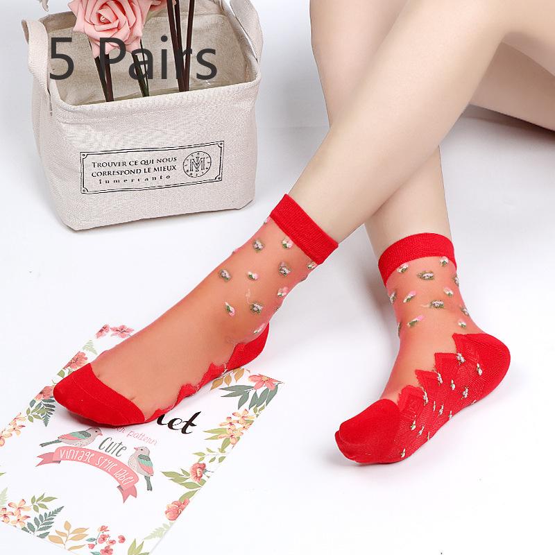5 Pairs of Women's Spring and Summer Plus Cotton Bottom Floral Mesh Non Slip Crystal Silk Mid Tube Socks