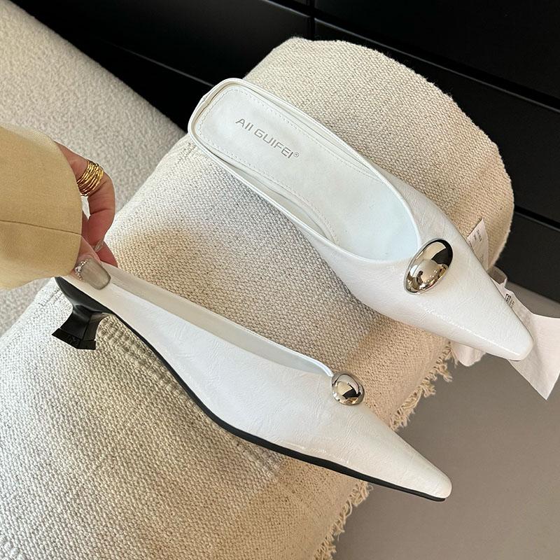 Fashion New Fashion Metal Women Heeled Slippers Sandals Shoes Female Mules Summer Beach Pointed Toe Ladies Flats Slippers Shoes Slides
