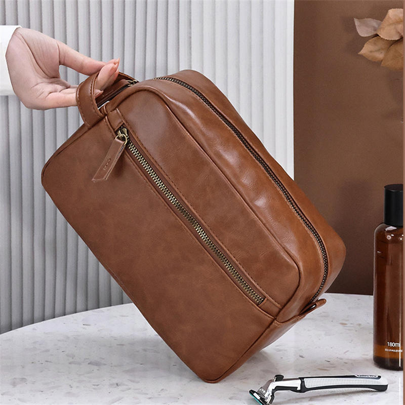 Men PU Leather Wash Bag Travel Business Trips Portable Cosmetic Bag Large Capacity Multi Pocket Design Handheld business trip Wash Bag