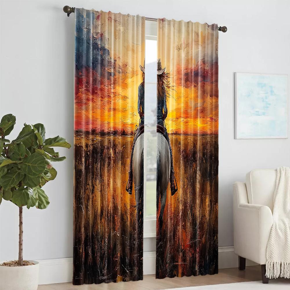 2 Pcs, Versatile Polyester Transparent Curtains for Home Decoration Western Cowgirl On Horseback for Use In Bedrooms and Living