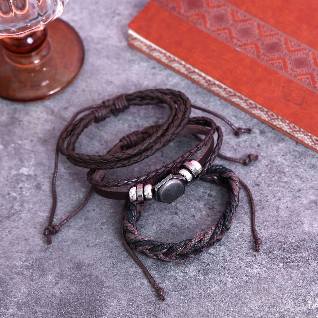 Trendy Men's Retro Woven Cowhide Bracelet Set - Handmade Jewelry