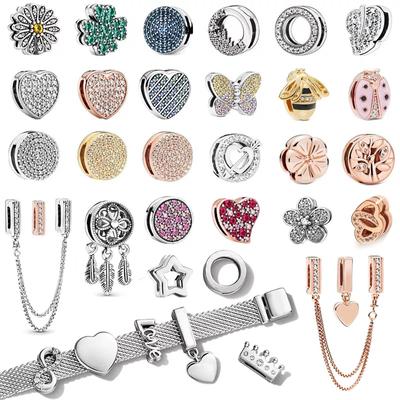 S925 Silver Color Reflexions Clip Beads Charms Round Crystal Crown Heart Love Beads Fit Women Bracelet