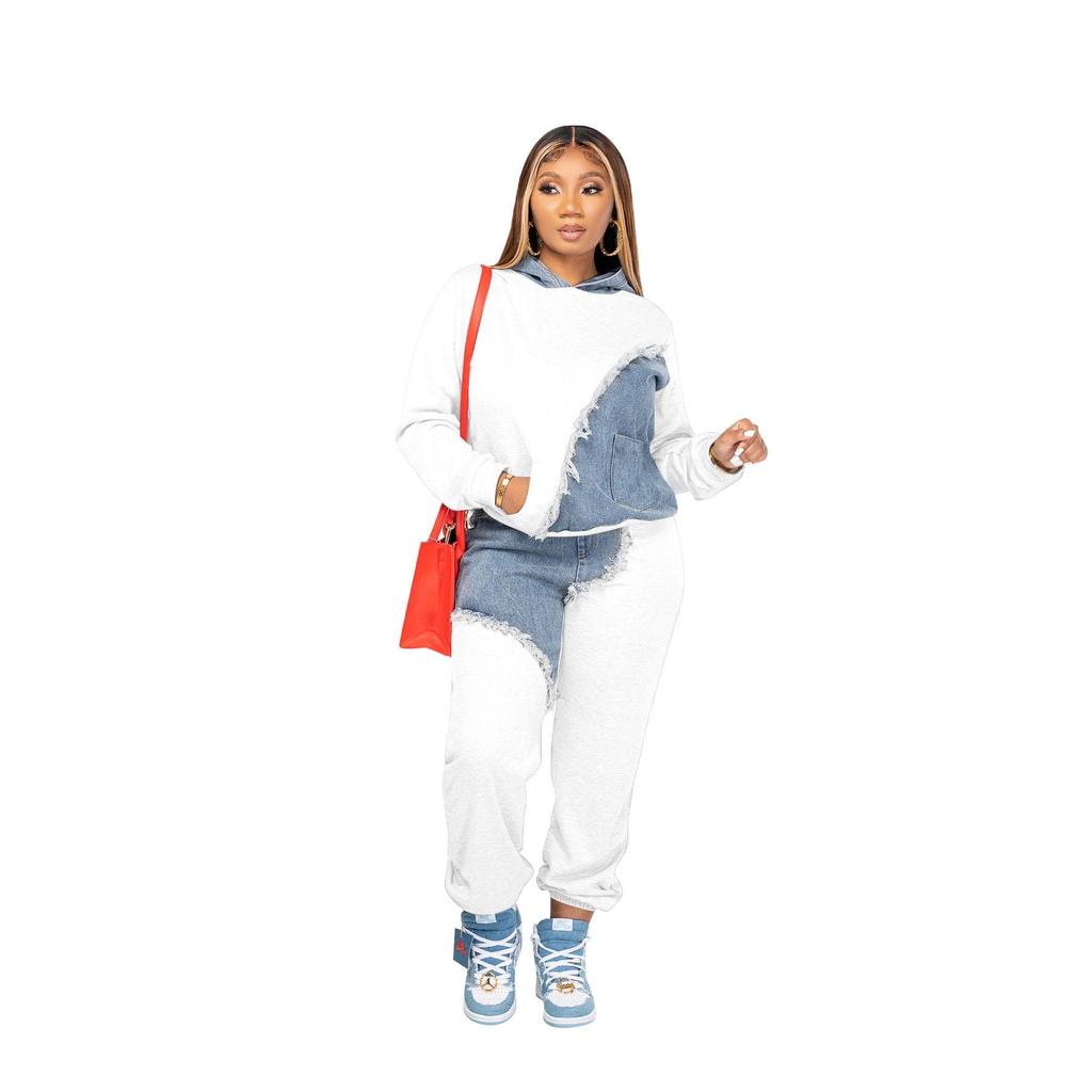 Damen Zweiteiler Trainingsanzug Herbst Jeans Spleißen Kapuzenoberteil Sweatshirts Tasche Jogger Hosenanzug Lose Weibliche Bürodame