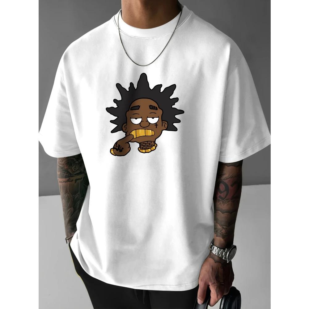 Mens Big Golden Teeth Portrait Print Crew Neck Short Sleeve T-Shirt Casual Loose Men's Clothing Cotton Fashion Streetwear