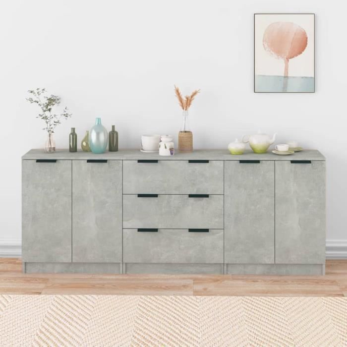 3115783 vidaXL Buffets 3 Pcs Concrete Grey Engineered Wood
