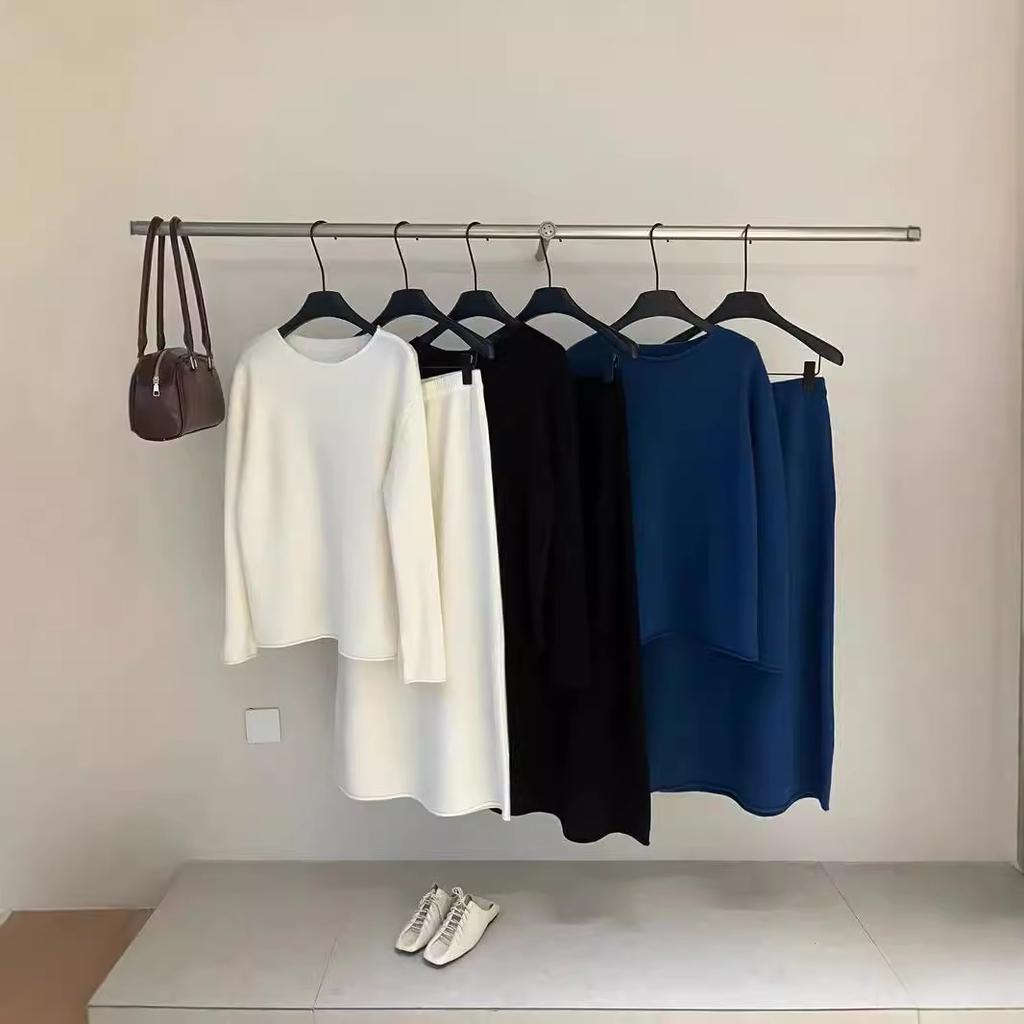 New solid color round neck loose lazy style pullover + elastic waist skirt foreign style two-piece set for women