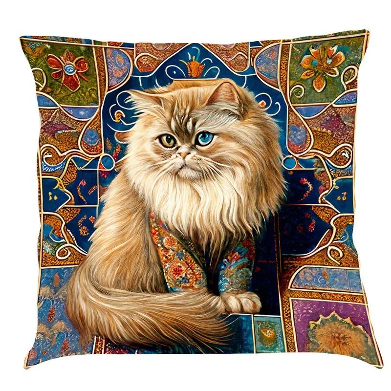 Nordic Style Peacock Cat Puppy Oil Painting Print Pillowcase 45x45 Cm Living Room Sofa Cushion Cover Bedroom Home Decoration
