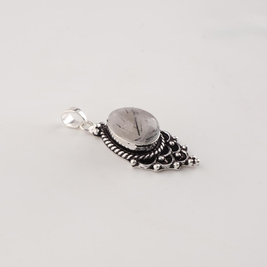 Black Rutile Gemstone 925 Sterling Silver Jewelry Designer Pendant 1.5" For Birthday Gift PP-70-32