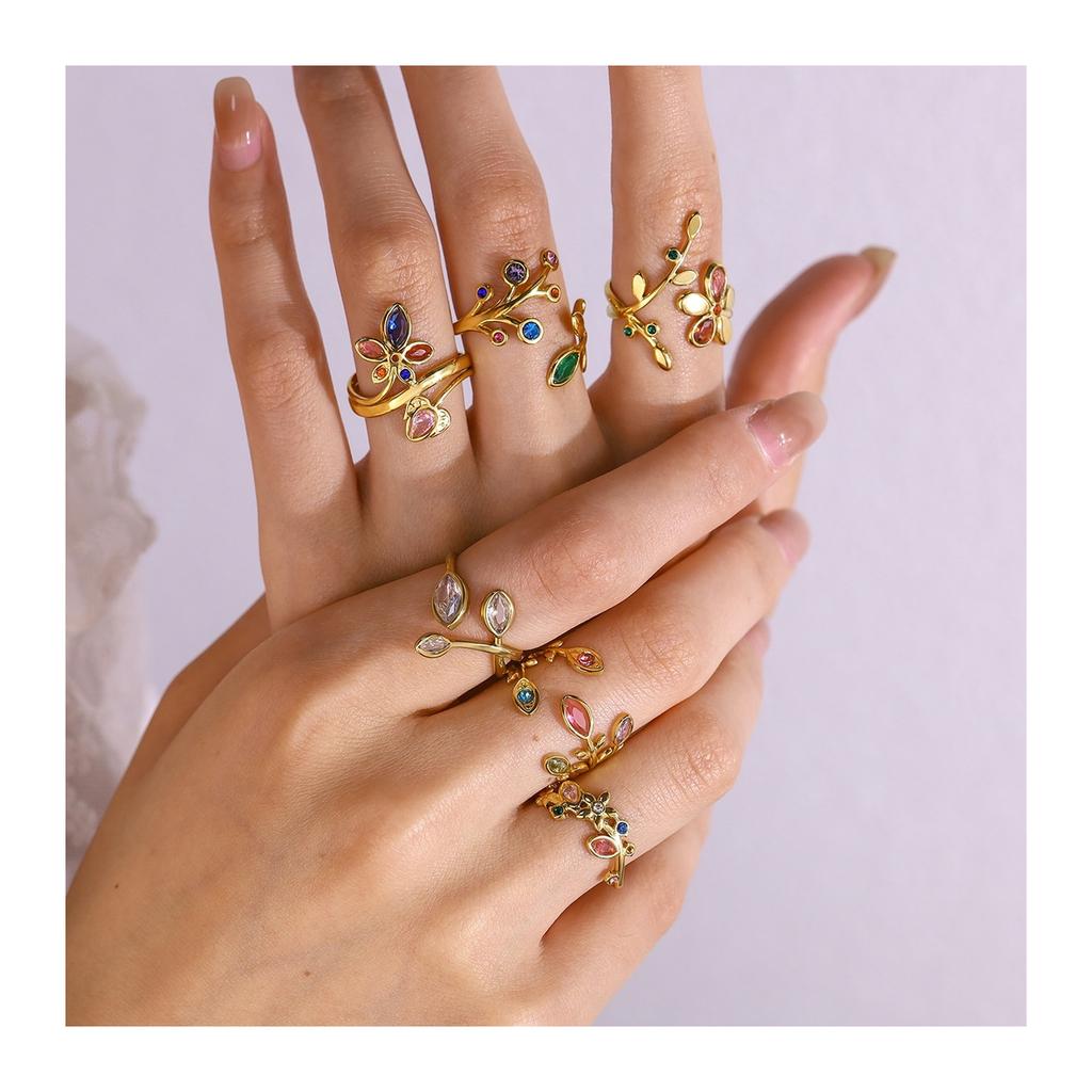 Leaf Ring for Women Rainbow Cubic Zirconia 18K Gold Plated Stainless Steel Open Adjustable Jewelry Gift