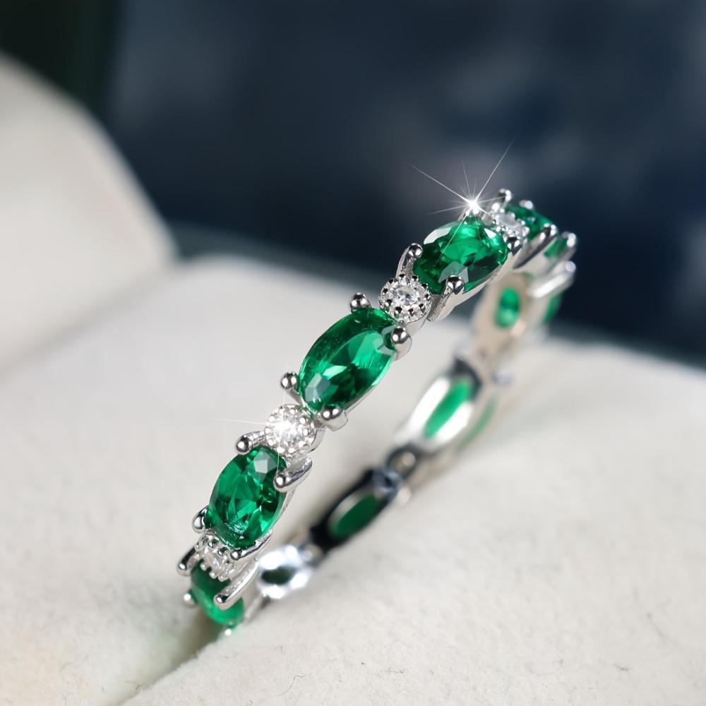S925 Sterling Silver Elegant Oval Green Zircon Engagement Ring for Women Wedding Band Jewelry Gift