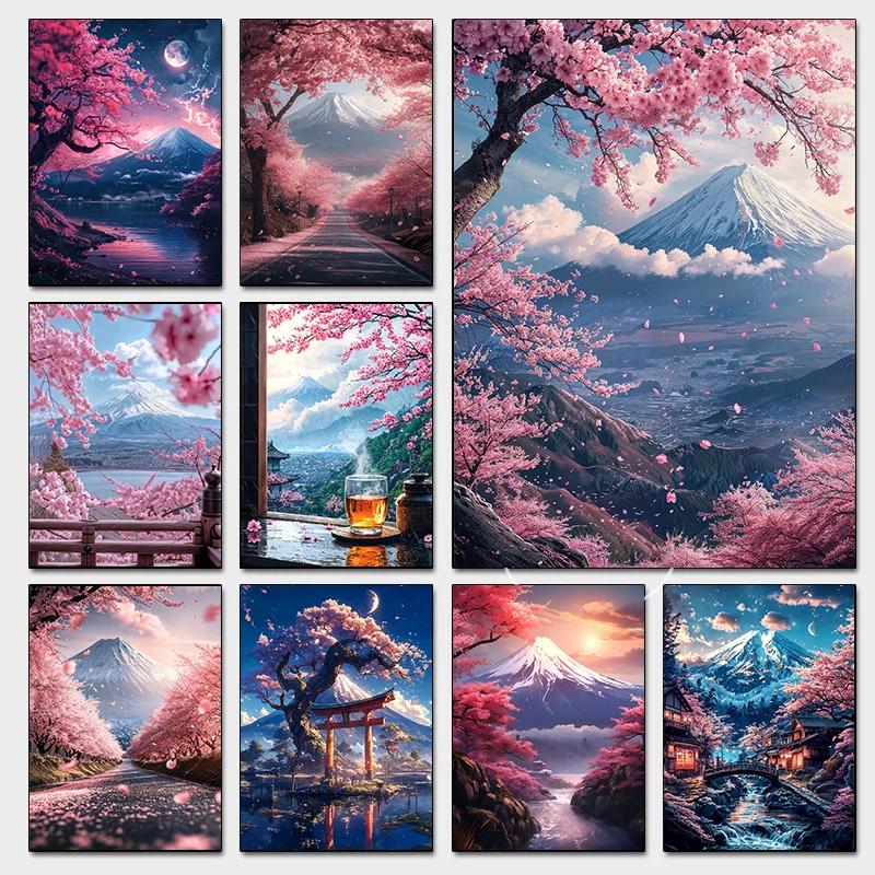 Pink City Asian Travel Japanese Cherry Blossoms At Mount Fuji Poster Light Prints Canvas Painting Wall Pictures Home Room Decor