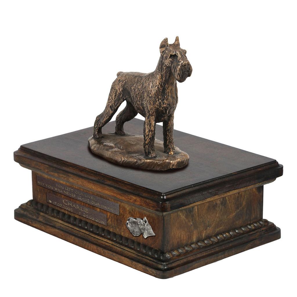Schnauzer I - urn for dog ashes, personalized urn with a statue, wooden urn with a dog by Art-Dog brand