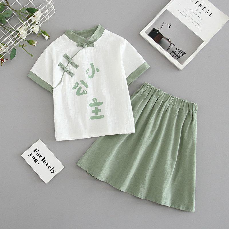 

Костюм ханбок в иностранном стиле в ретро-китайском стиле для маленькой девочки, юбка-ципао, летний костюм из двух частей 140