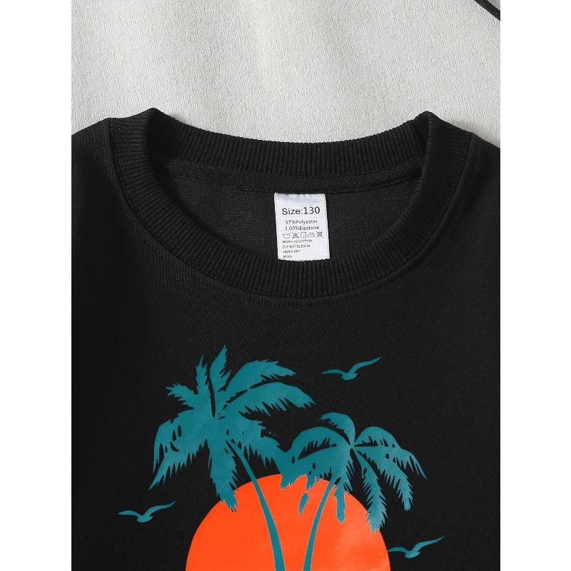 Girls' Fashionable Cute Crewneck Sweatshirt | Beach Walk Sunset Palm Trees Seagulls Adventure Long-sleeved