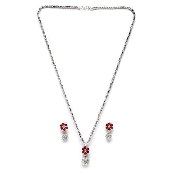 Rhodium-Plated Silver Toned Green Cubic Zirconia Studded Floral Shaped Cute Pendant with Earrings Jewellery Set for Girls and Women