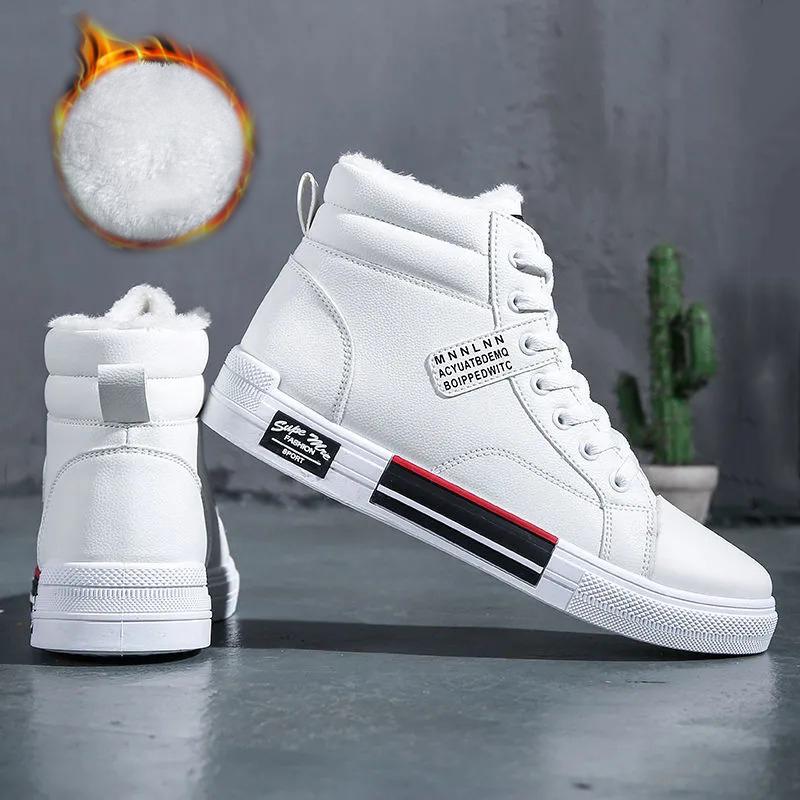 Fashion Plush White Shoes For Men Winter High Top Leather Sneakers Male Waterproof Booties Man Teen Boys  Fashion Trainer Sports Shoes